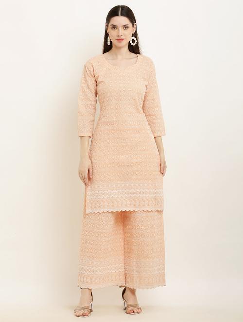 peach chikankari kurta palazzo set - 19953465 -  Standard Image - 0