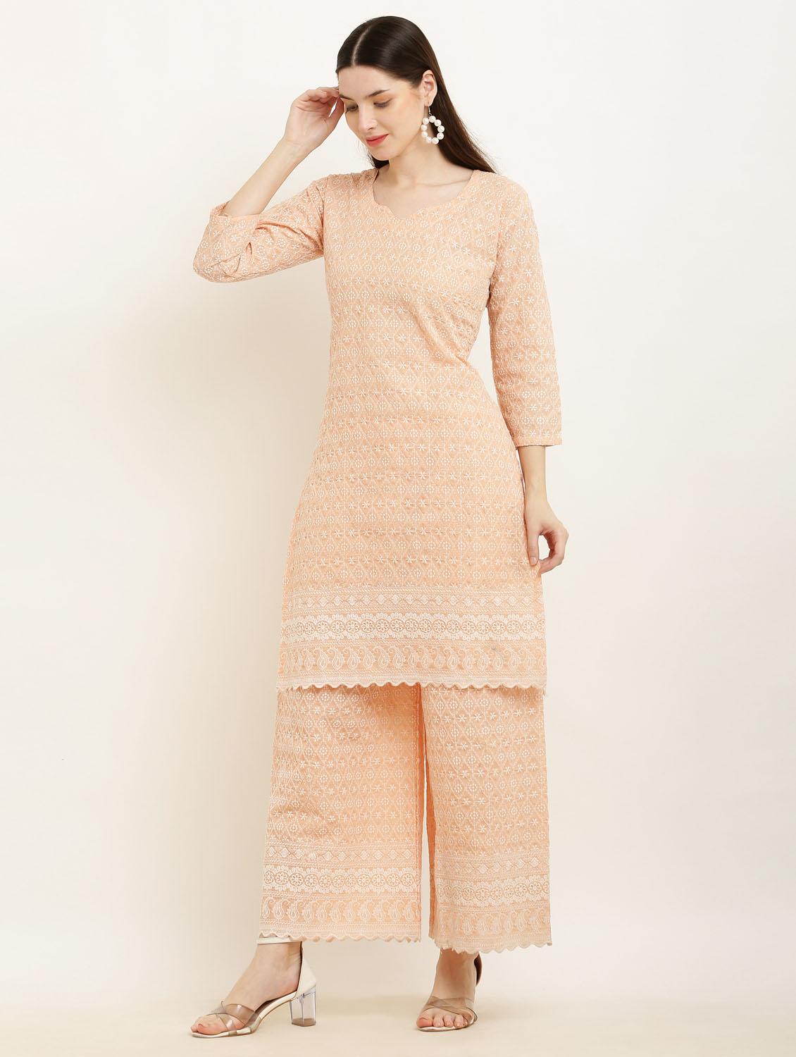 peach chikankari kurta palazzo set - 19953465 - Standard Image - 2