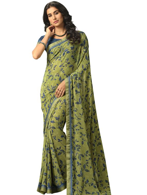 women's floral olive colored saree with blouse - 19954072 -  Zoom Image - 0