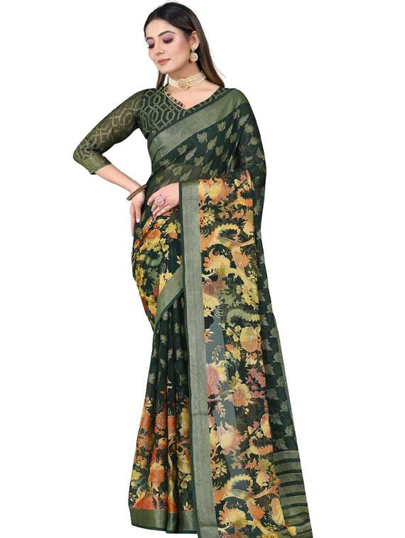 women's floral bottle green colored saree with blouse