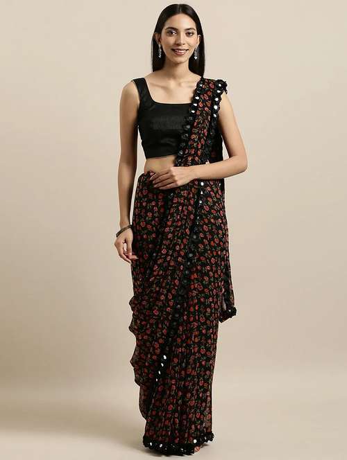 women's floral black colored saree with blouse - 19954109 -  Standard Image - 0