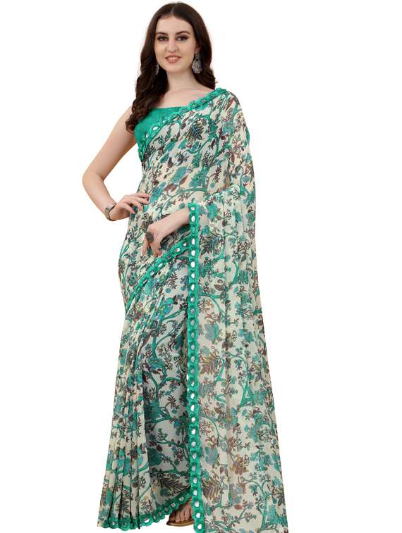 women's floral green colored saree with blouse