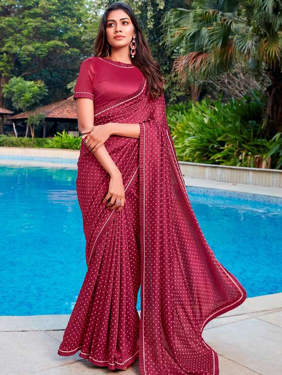 women's polka dots burgundy colored saree with blouse