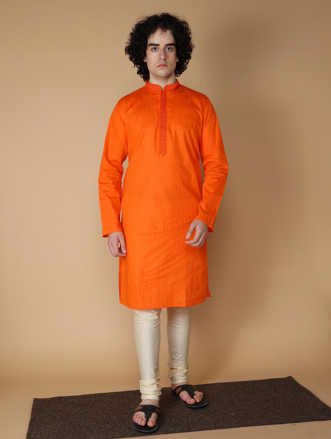 orange solid mandarin neck long kurta - 19954976 - Standard Image - 2