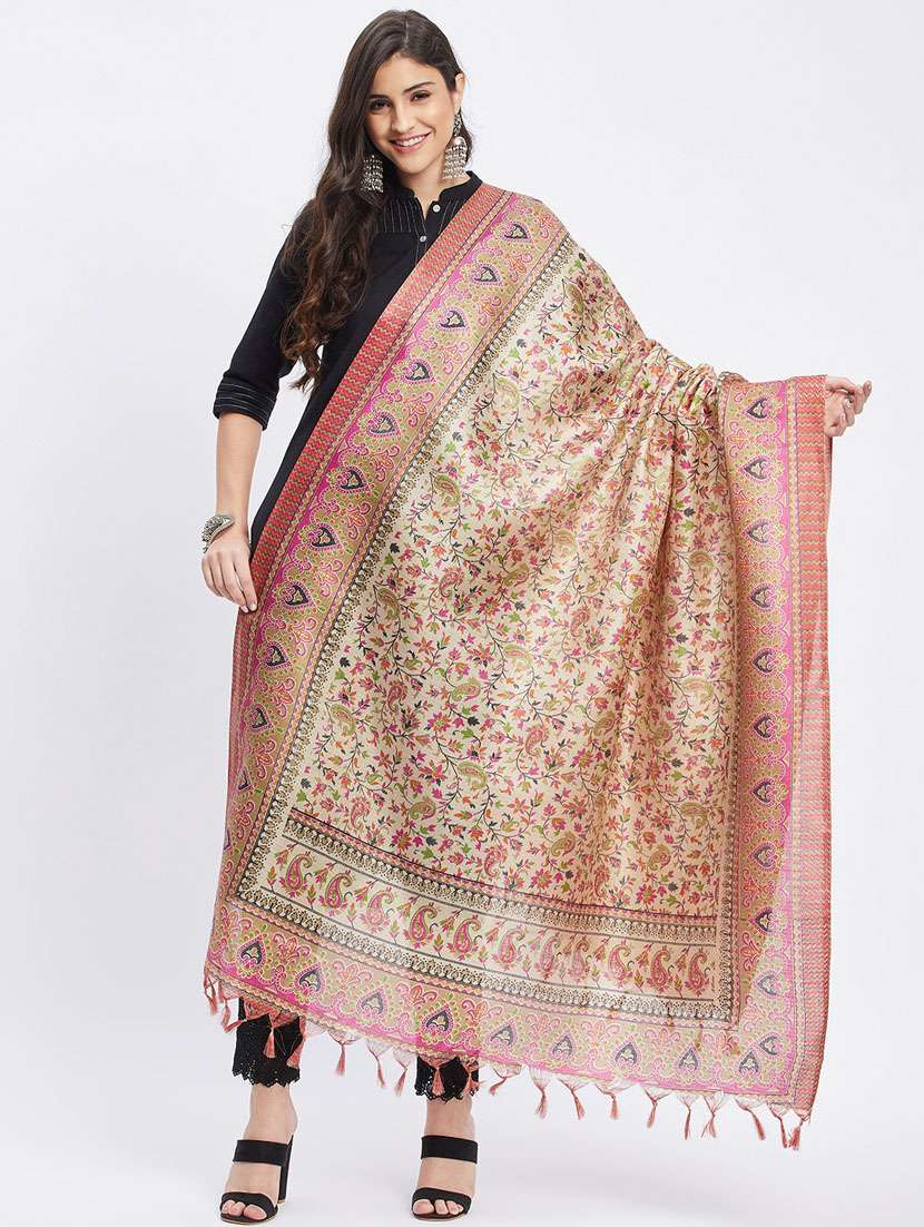 beige floral print dupatta with fringes