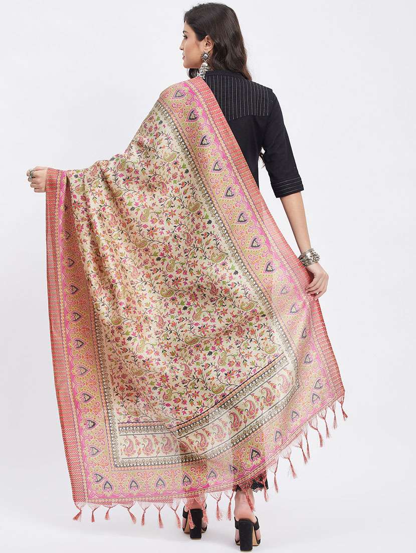 beige floral print dupatta with fringes - 19955261 -  Standard Image - 2