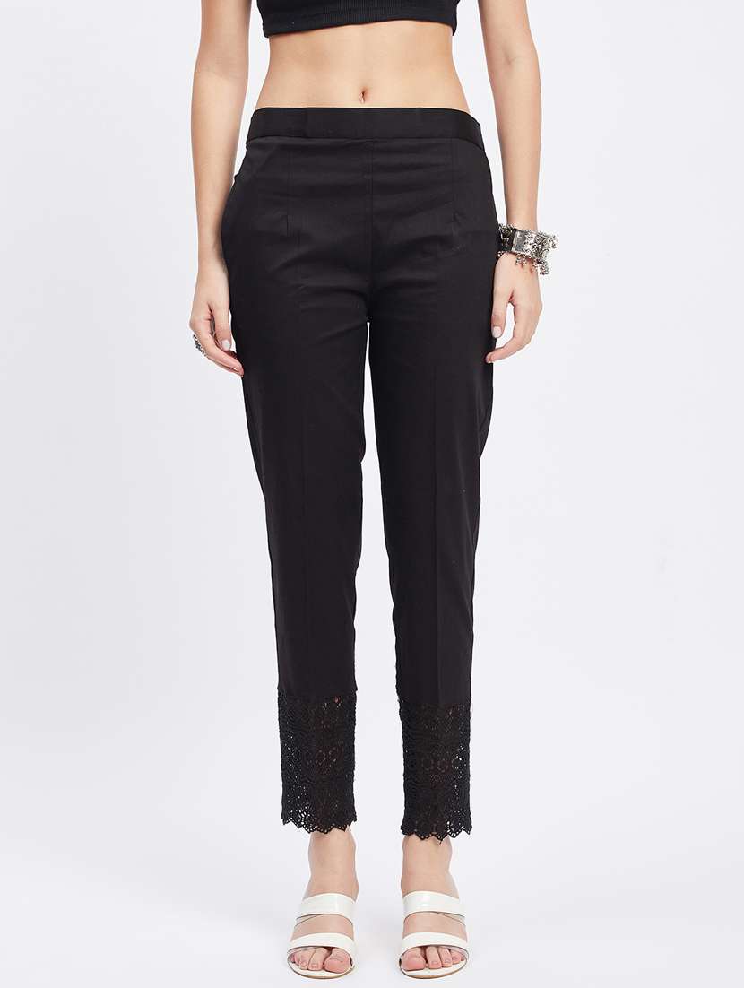 black solid mid rise ankle length trouser