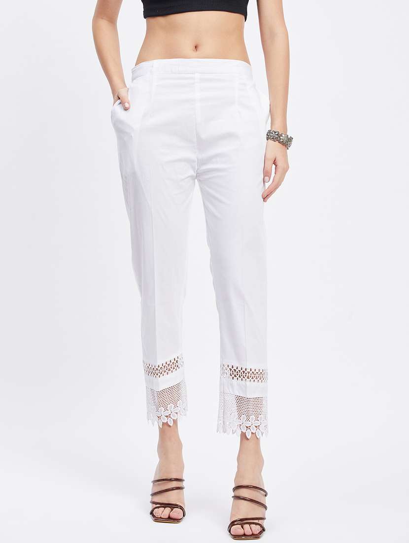 white solid mid rise ankle length trouser