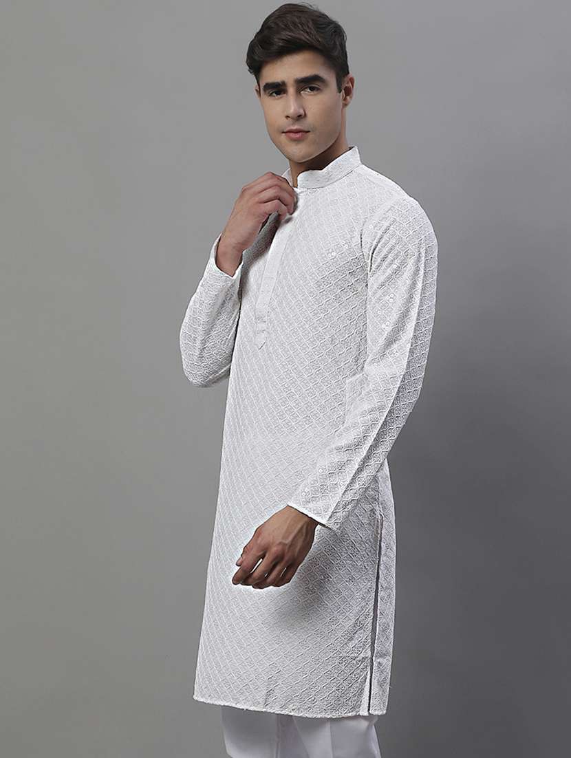 men solid with work mandarin neck long kurta