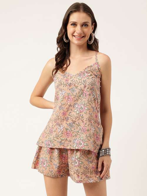 beige printed shorts set nightwear