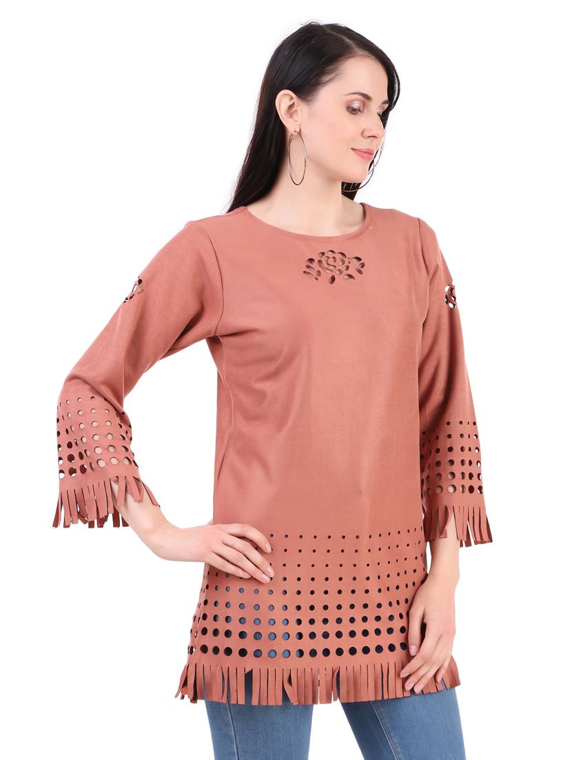 brown self designed round neck regular tunic - 19957385 - Standard Image - 2