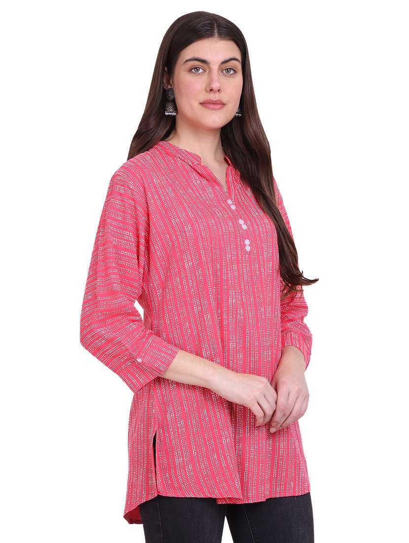 pink printed mandarin neck side slit regular tunic - 19957386 -  Standard Image - 2