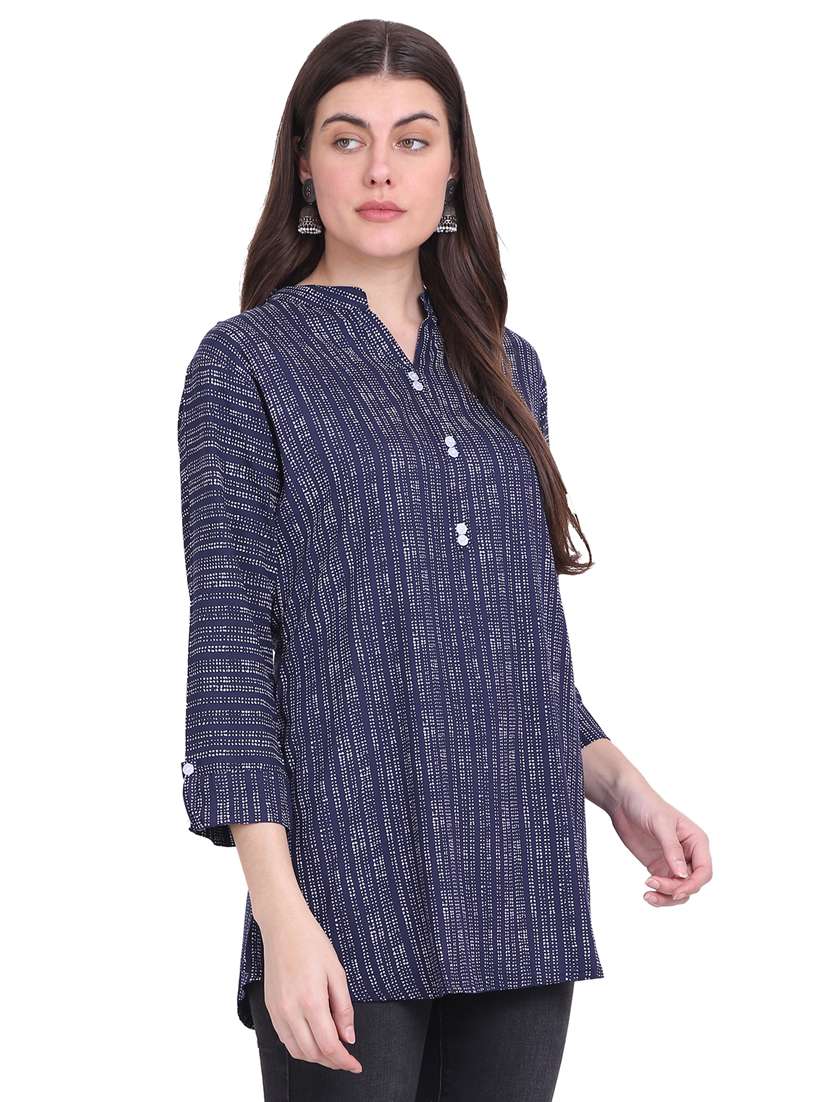 blue printed mandarin neck side slit regular tunic - 19957387 -  Standard Image - 2