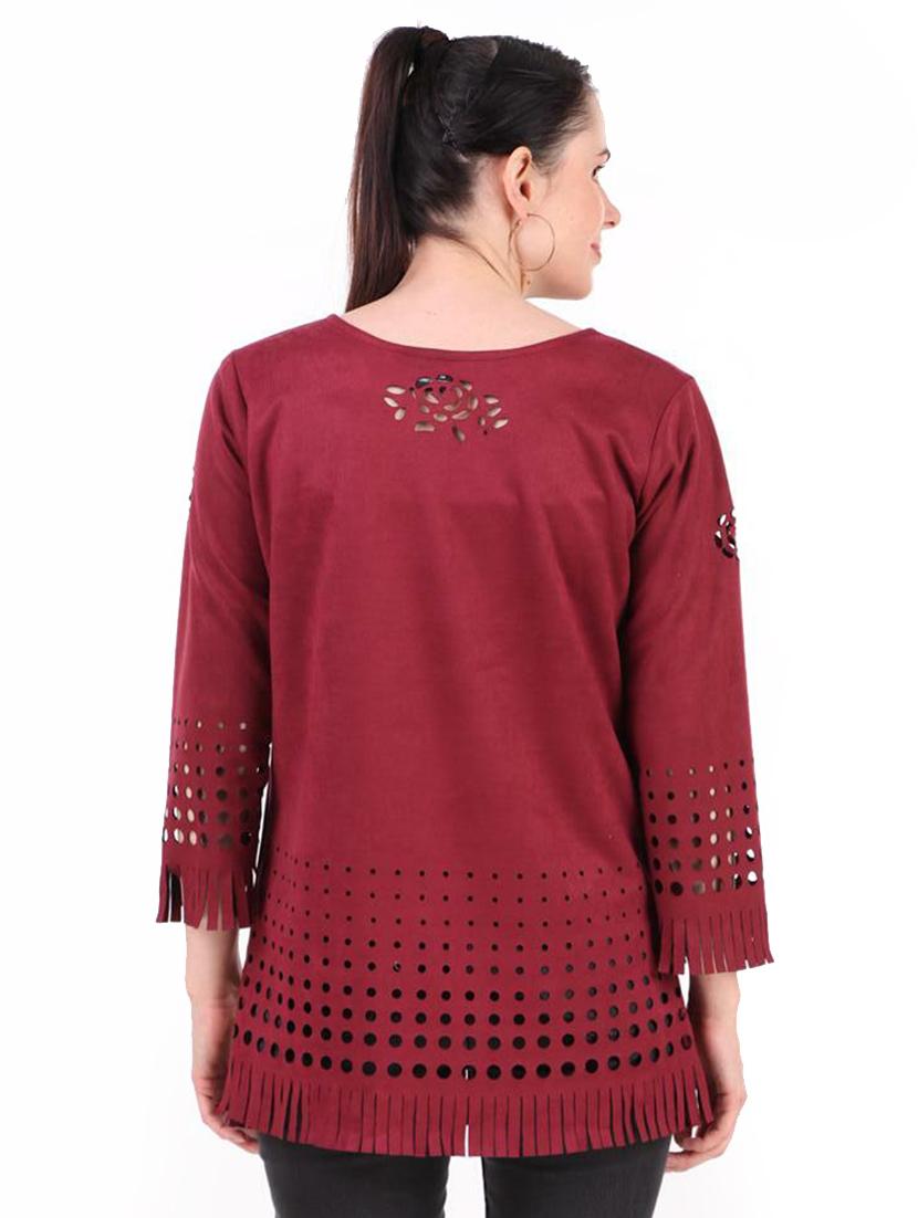 maroon self designed round neck regular tunic - 19957388 - Standard Image - 2