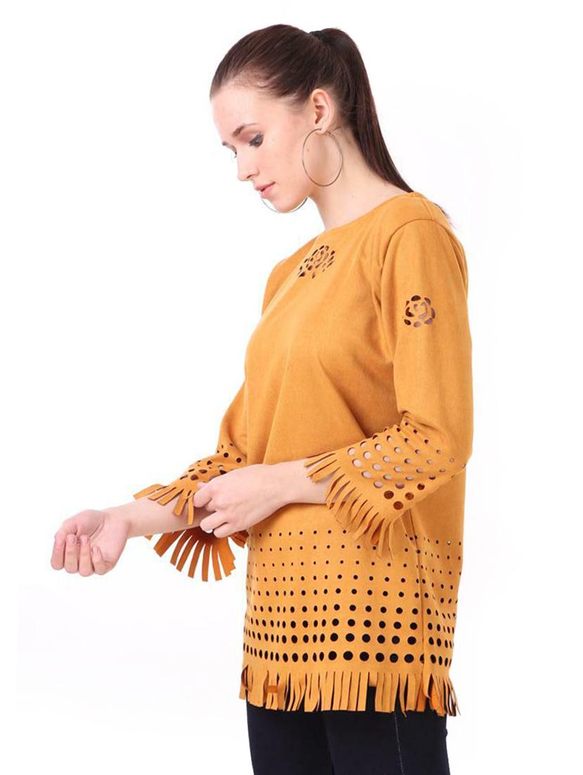 yellow self designed round neck regular tunic - 19957390 - Standard Image - 2