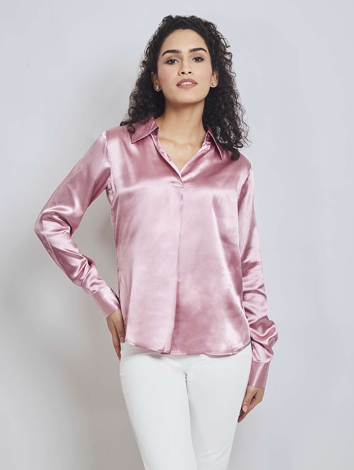 pink satin top with cuffed sleeves 