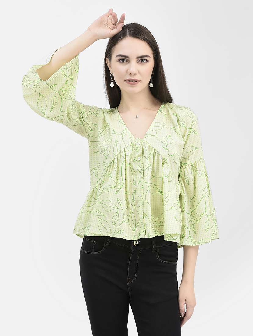green bell sleeves printed peplum top 