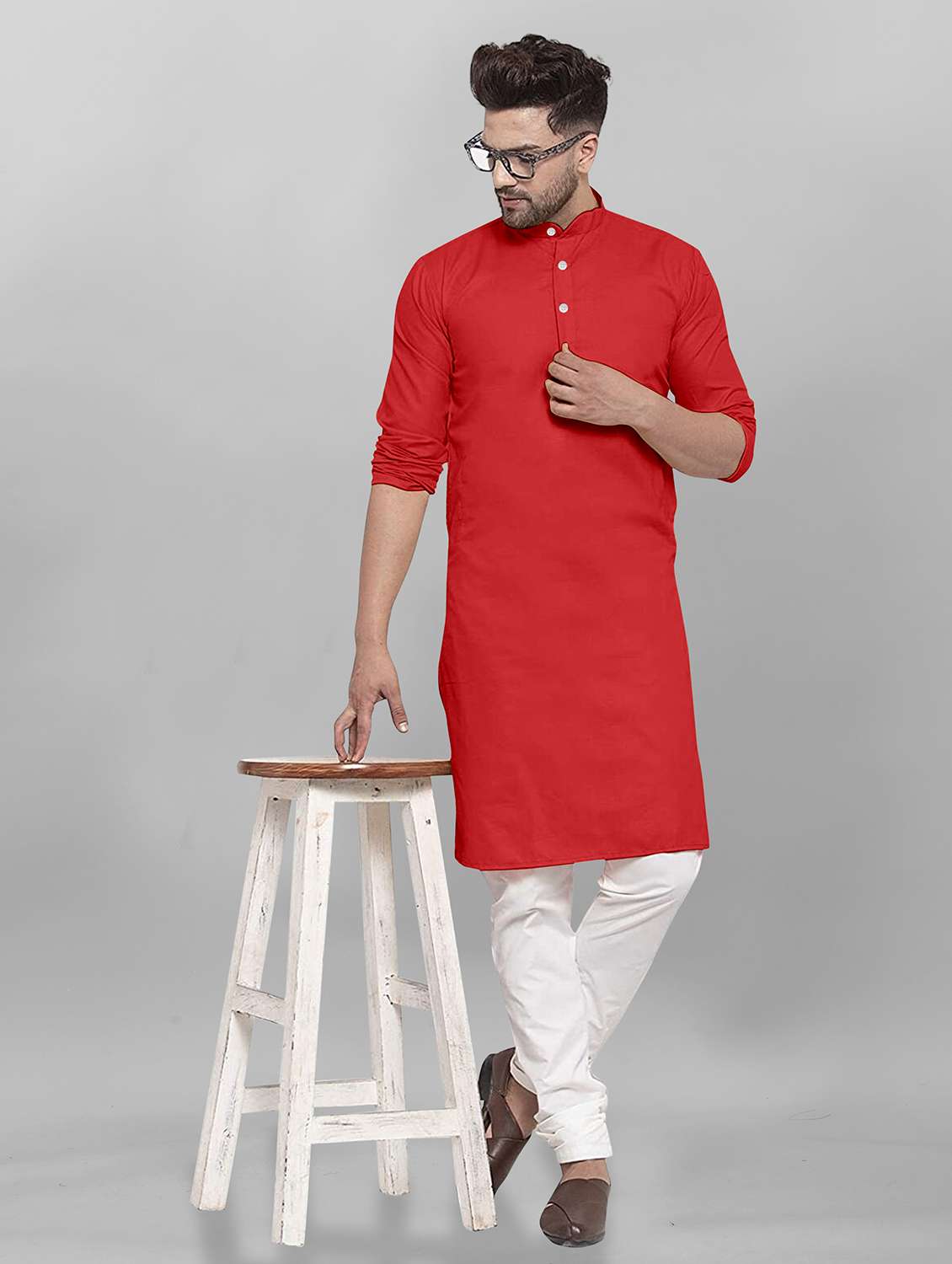 men mandarin neck solid kurta pyjama set 