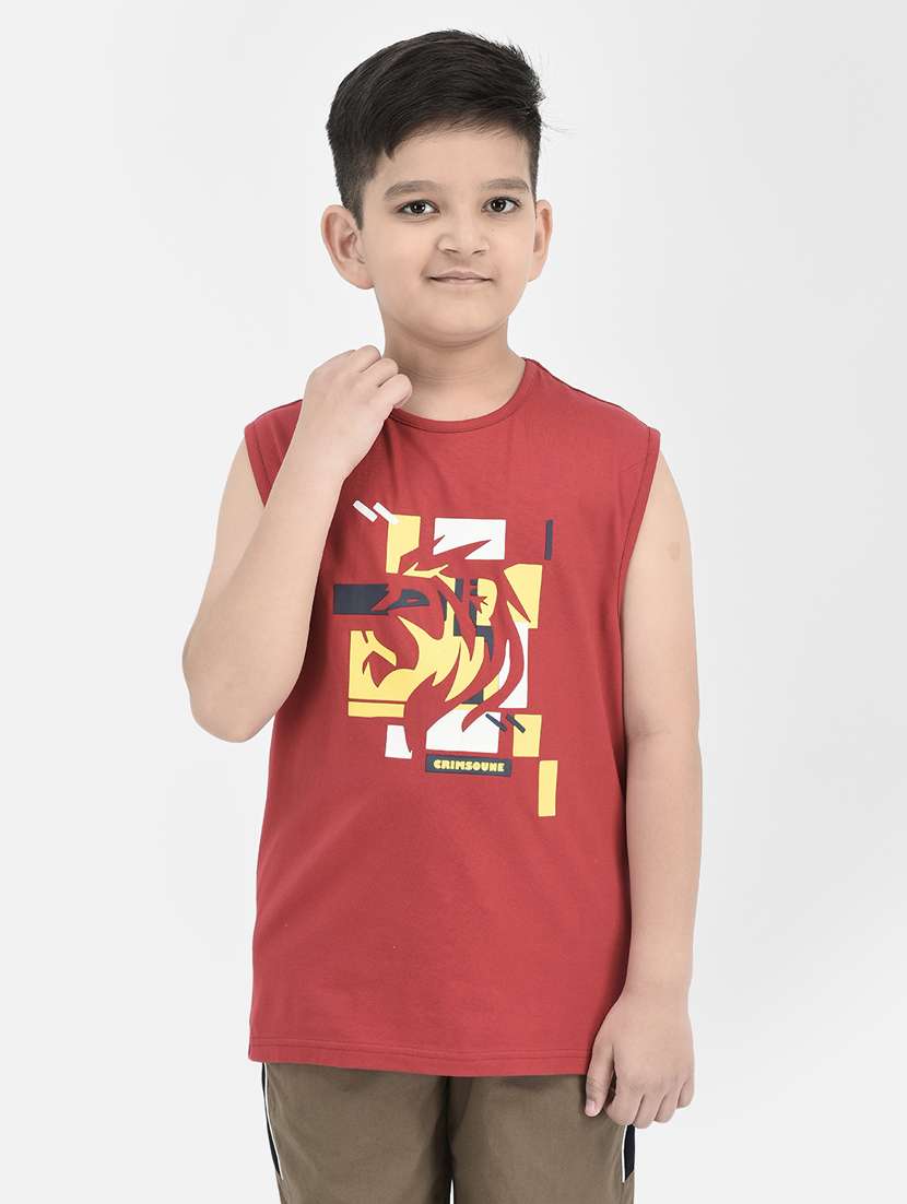 red printed round neck t-shirt