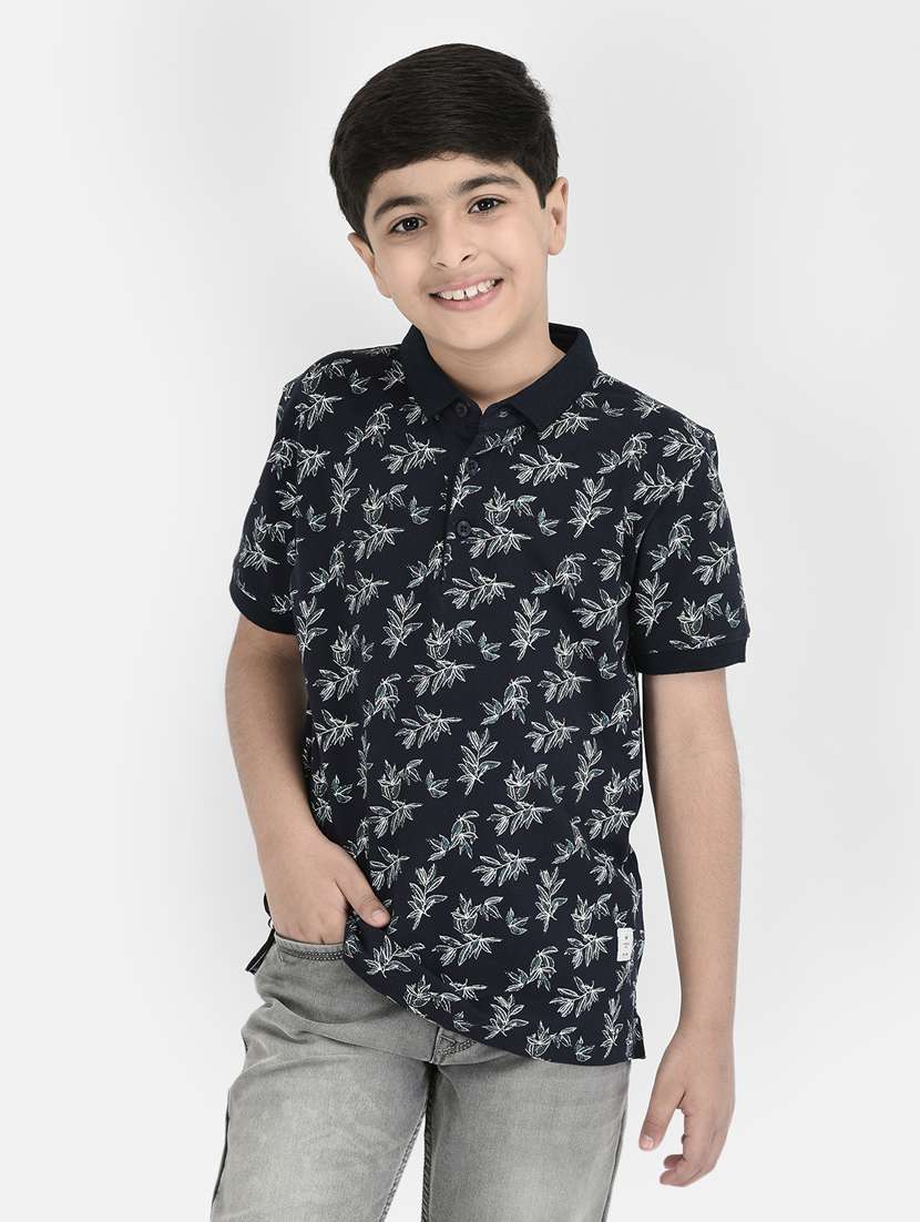 navy blue printed polo neck t-shirt
