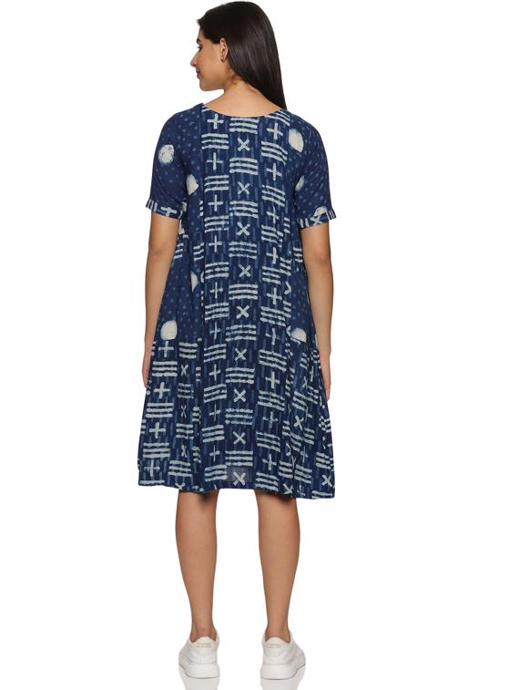 blue round neck printed a-line ethnic dress - 19962004 - Standard Image - 2