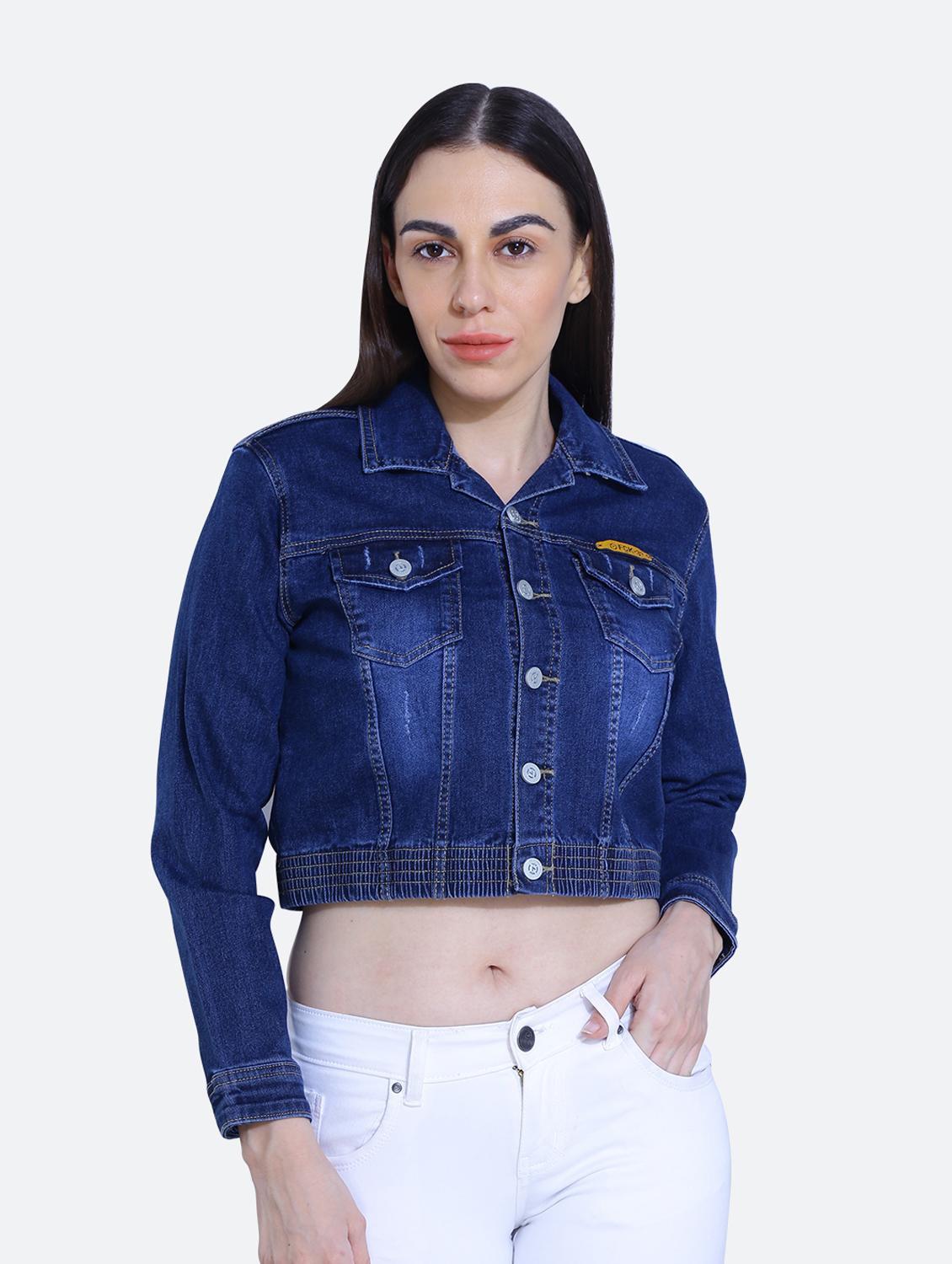 blue solid cropped denim jacket - 19962961 - Zoom Image - 0