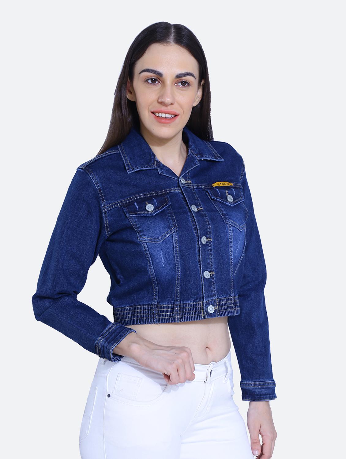 blue solid cropped denim jacket - 19962961 - Standard Image - 2
