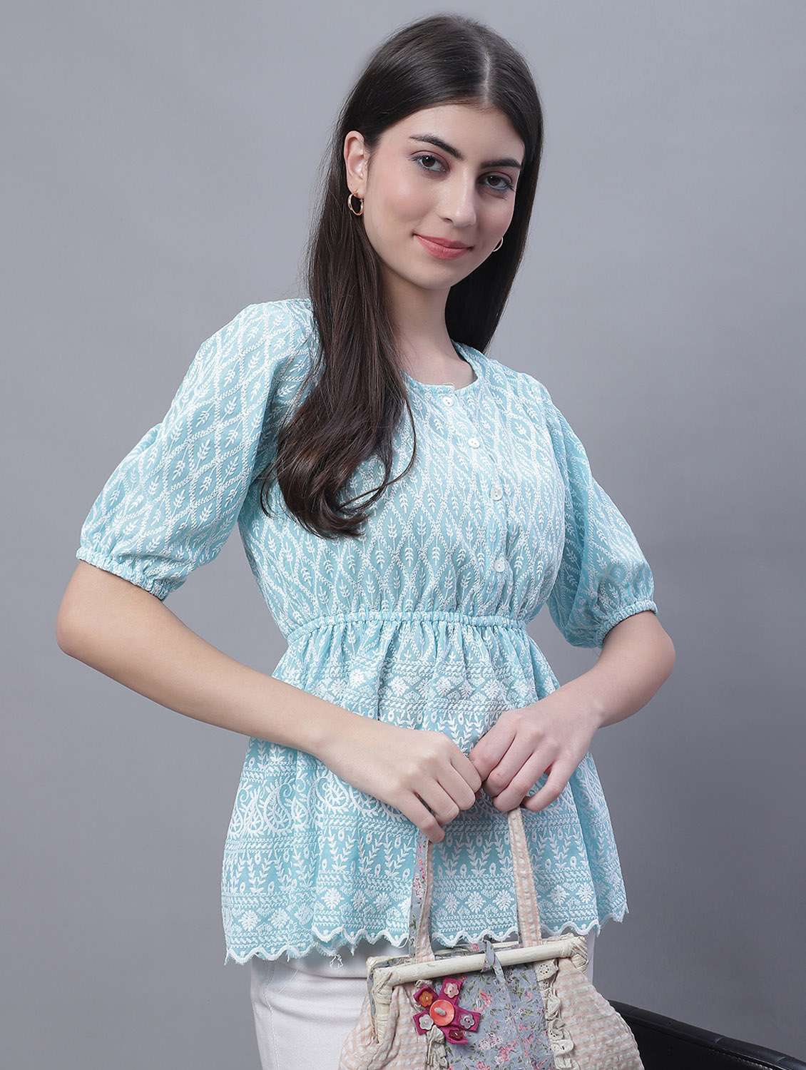 women's peplum round neck top - 19962967 - Standard Image - 2