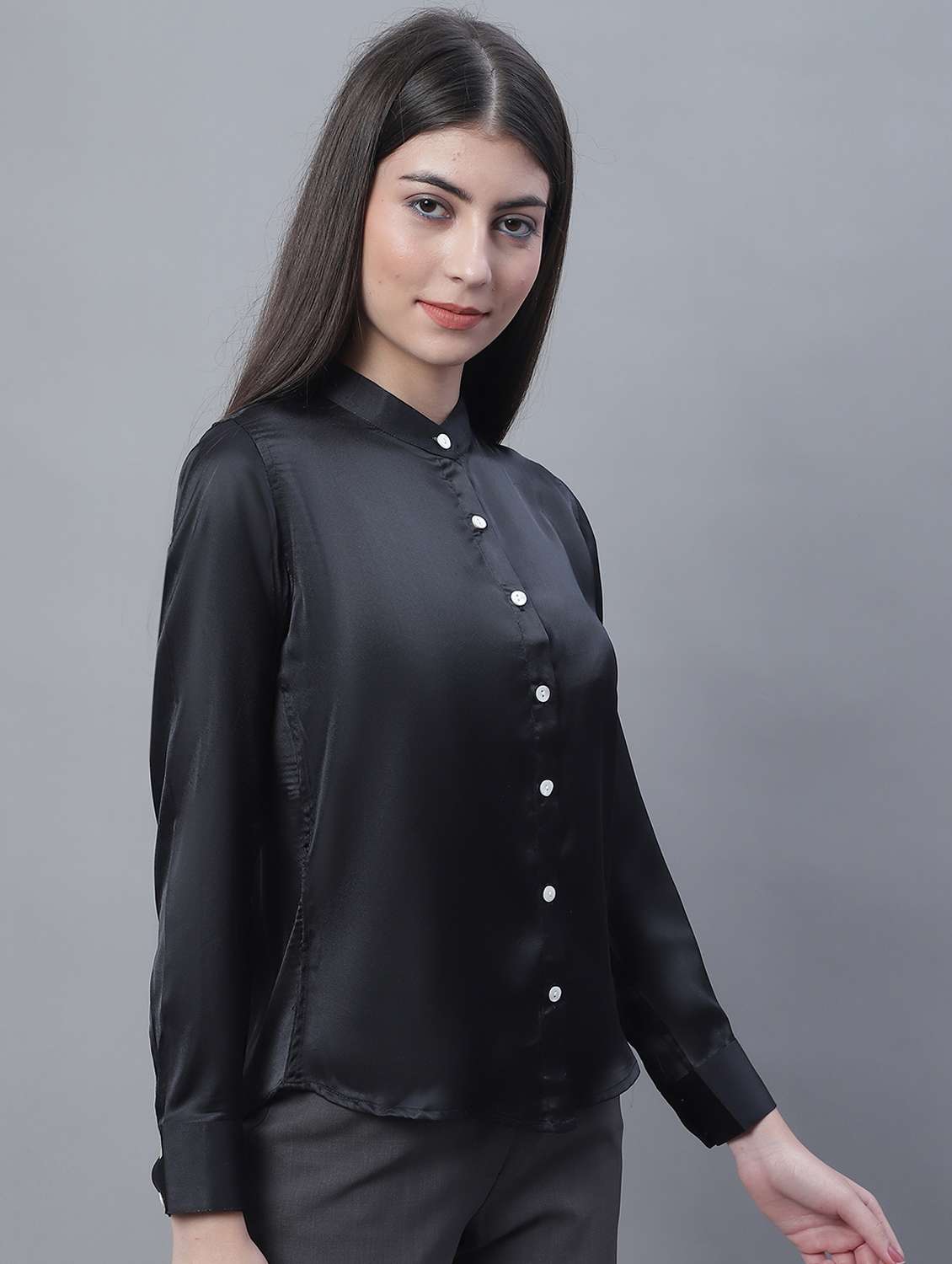 black solid mandarin neck regular top - 19962968 -  Standard Image - 2