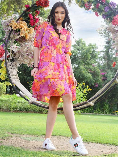 women floral printed v neck tiered dress - 19963231 -  Standard Image - 0