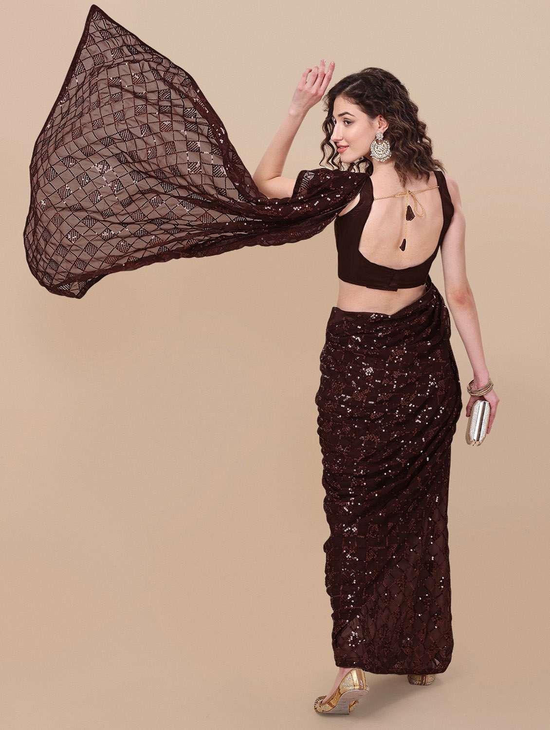 brown self design georgette saree - 19963401 -  Standard Image - 2