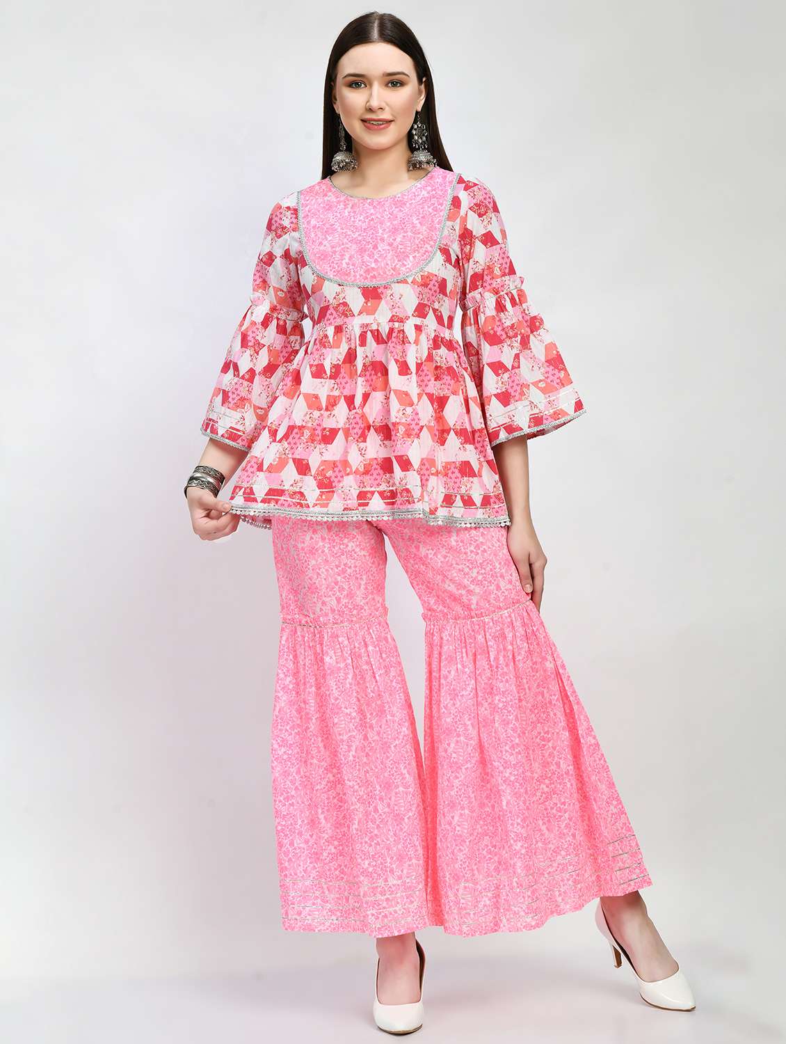 women pink yoke style kurta with sharara and embroidered dupptta set