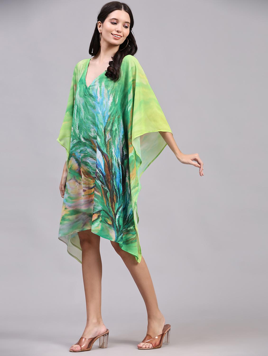 green relaxed fit v neck printed kaftan dress - 19967953 - Standard Image - 2