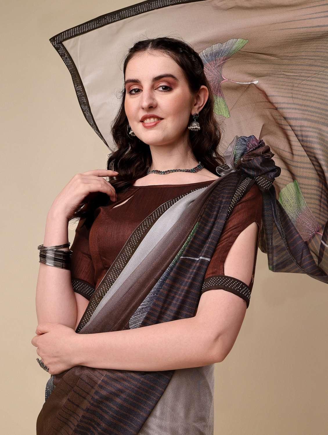 brown silk printed saree - 19967999 -  Standard Image - 2