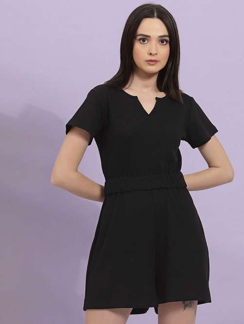 women black solid short sleeve romper - 19968048 - Standard Image - 0