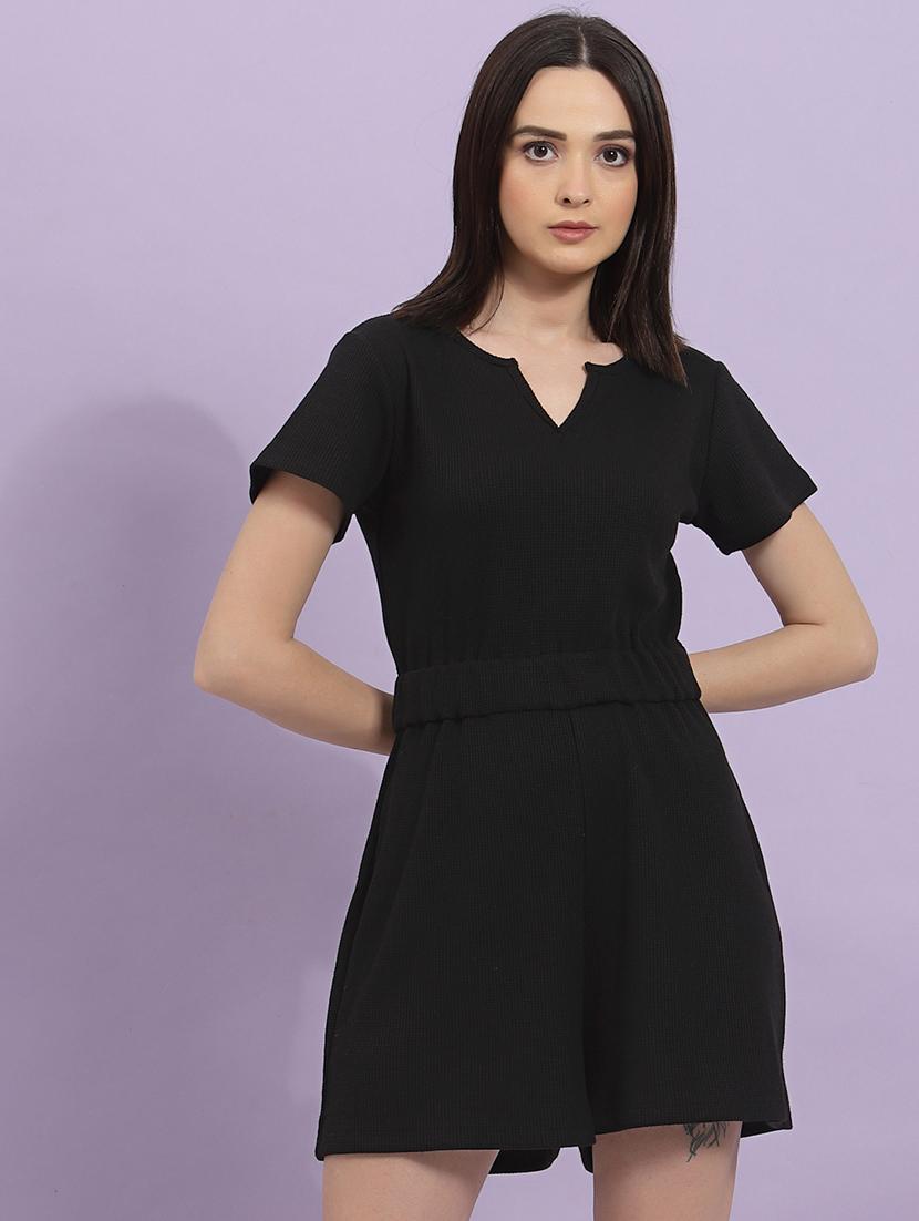 women black solid short sleeve romper - 19968048 - Standard Image - 2