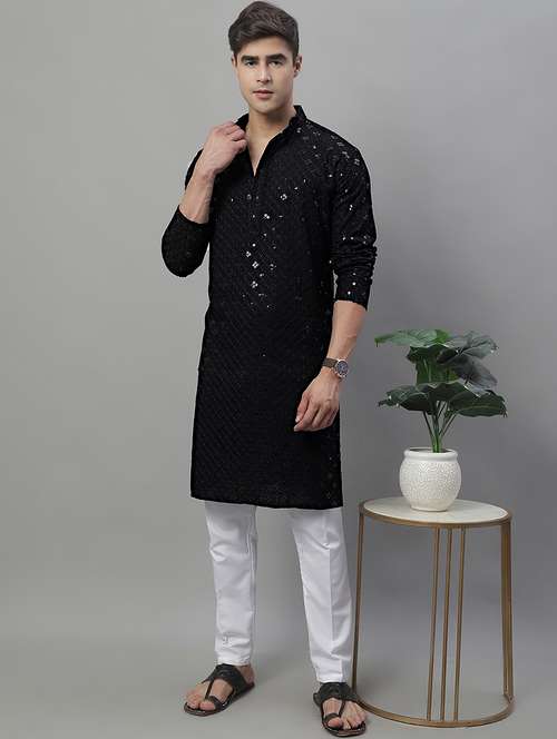 black chikankari embroidered and sequin kurta pyjama. - 19969985 - Standard Image - 0