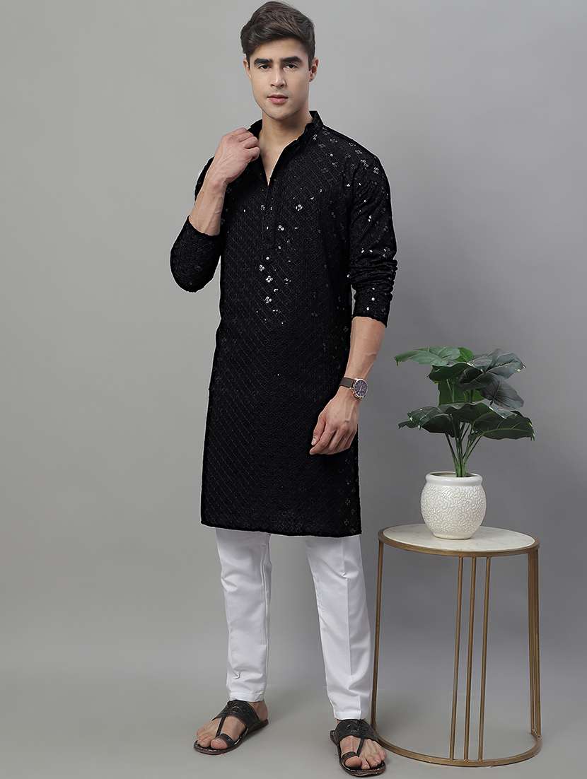 black chikankari embroidered and sequin kurta pyjama.