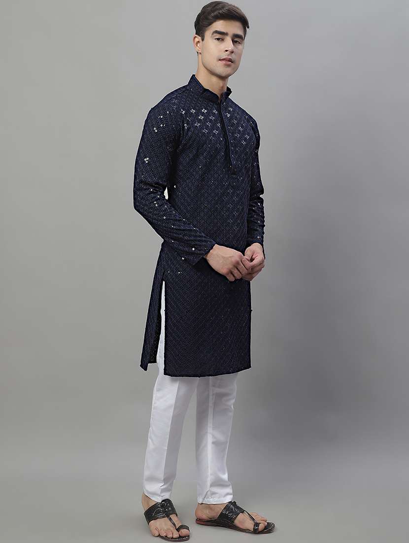 navy blue chikankari embroidered and sequin kurta pyjama. - 19969988 -  Standard Image - 2