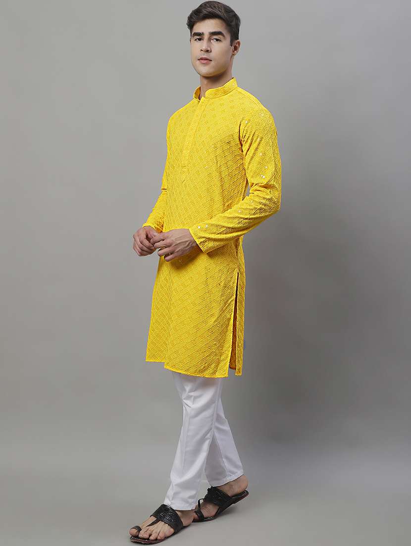 men yellow chikankari embroidered and sequin kurta pyjama set - 19969993 -  Standard Image - 2