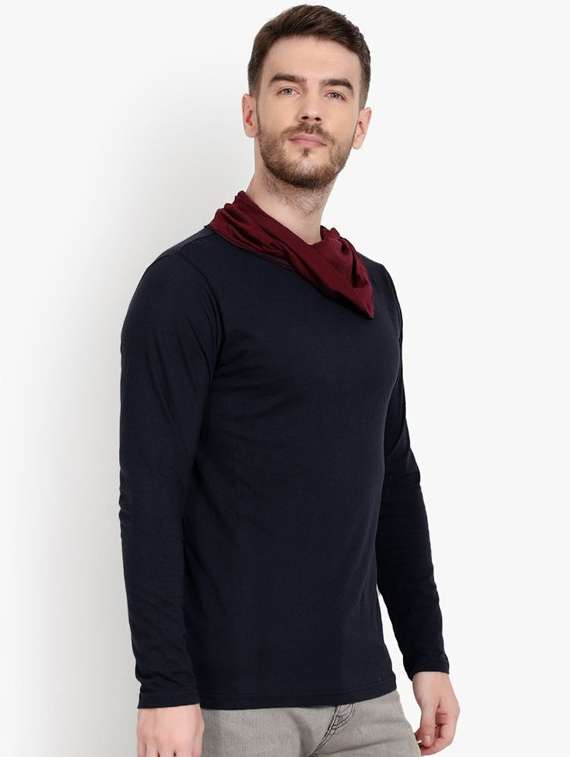 navy blue solid long sleeves cowl neck t-shirt - 19976402 -  Standard Image - 2