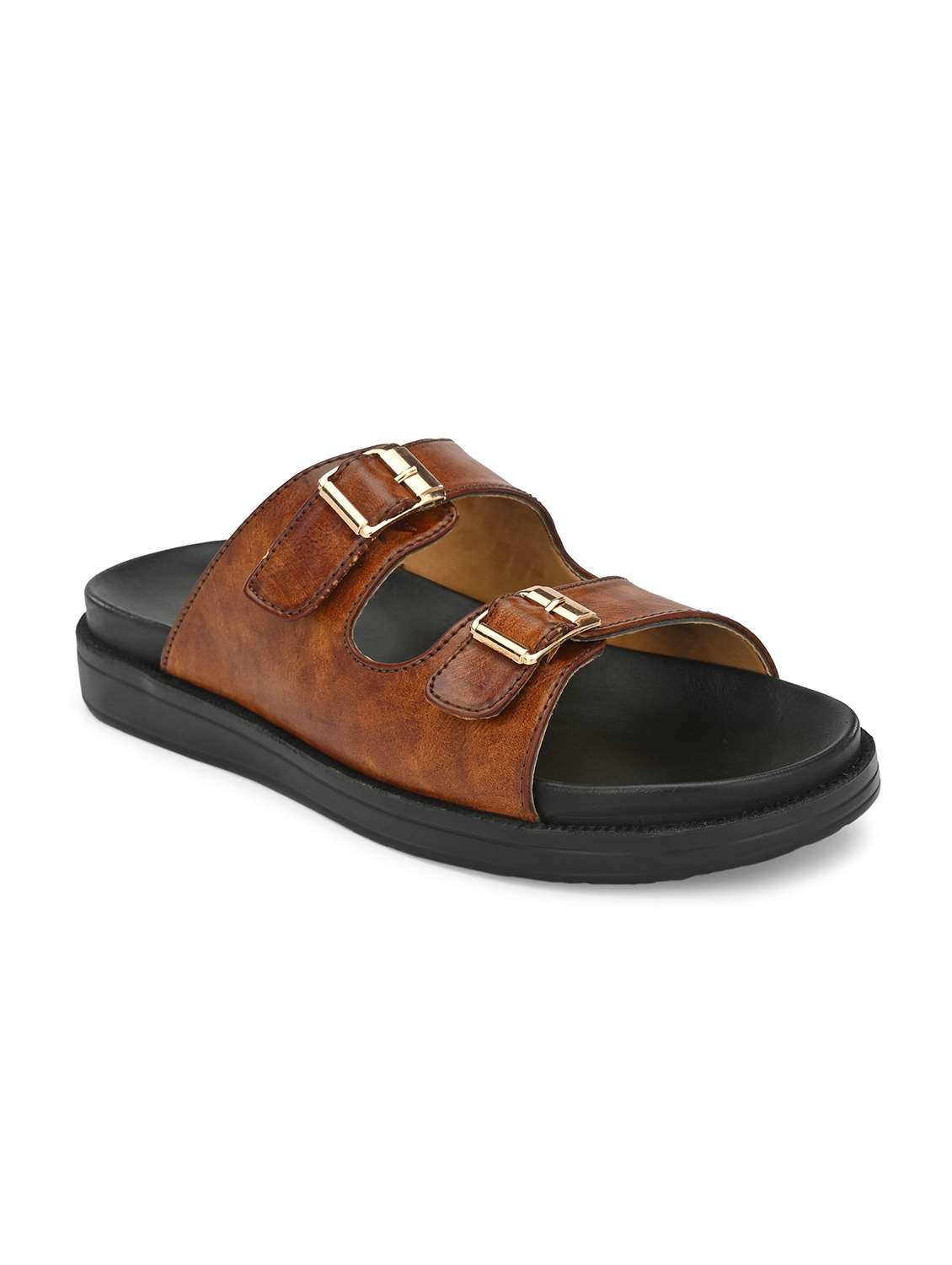 tan synthetic & mesh slip on slippers