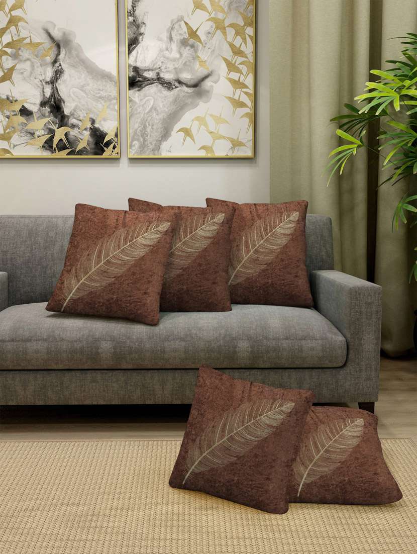 fabinaliv set of 5 brown floral cotton blend square shape cushion covers (40x40 cm)
