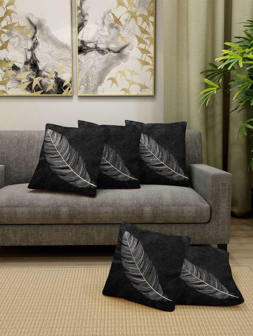 fabinaliv set of 5 black floral cotton blend square shape cushion covers (40x40 cm)