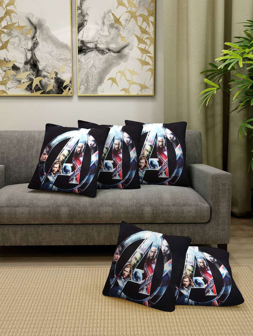 fabinaliv set of 5 black cartoon print cotton blend square shape cushion covers (40x40 cm)