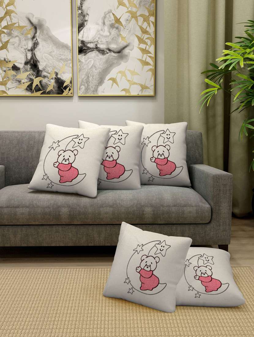 fabinaliv set of 5 off white 100% cotton embroidered square shape cushion covers (40x40 cm)