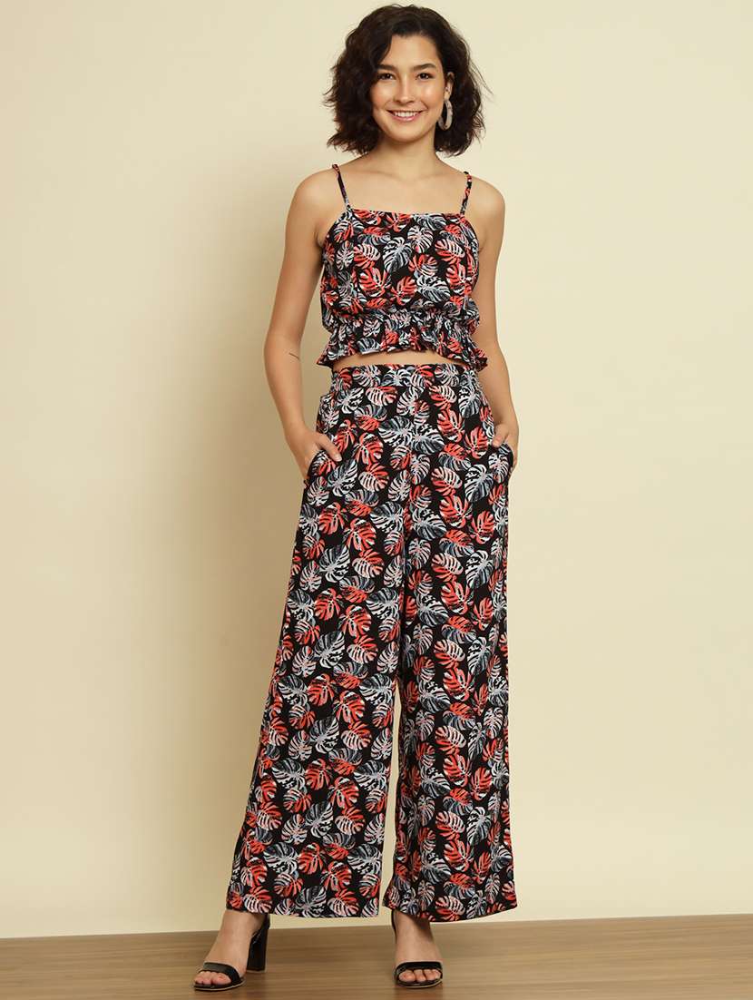 black tropical print top and trouser co-ord set 