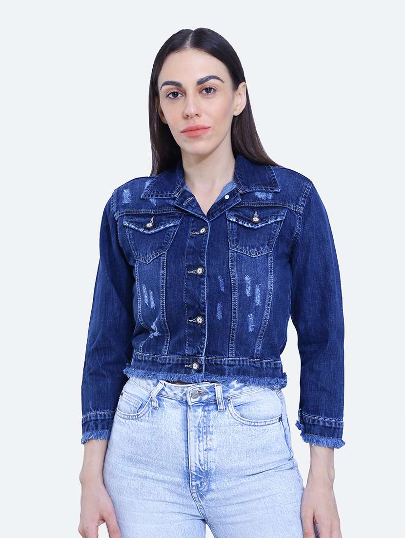 dark blue spread collar long sleeve denim jacket