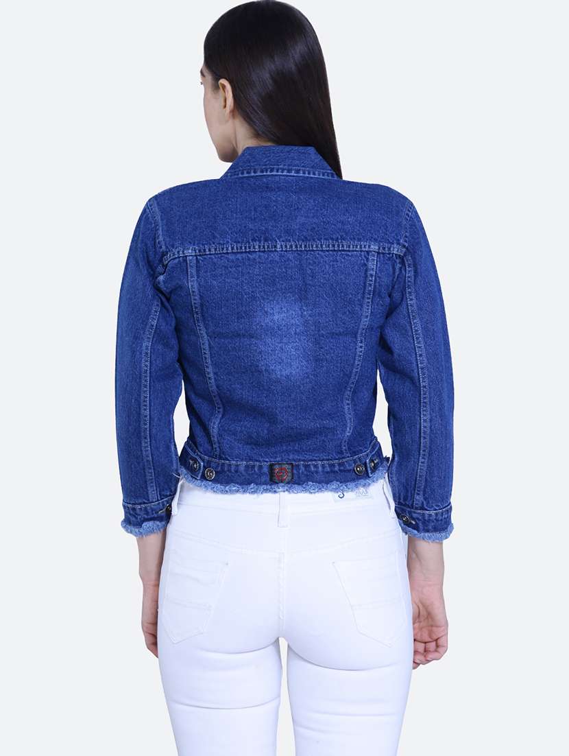 dark blue spread collar long sleeve denim jacket - 19982775 - Standard Image - 2