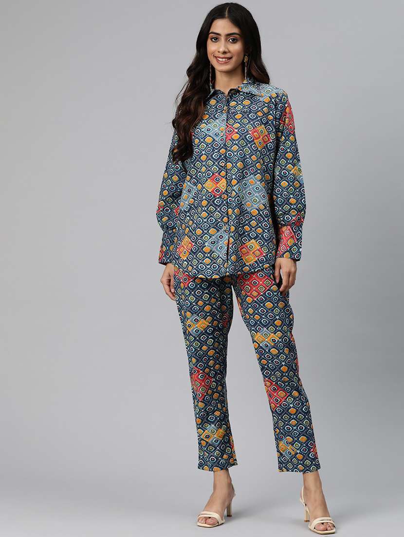 blue printed top and trouser co-ord set